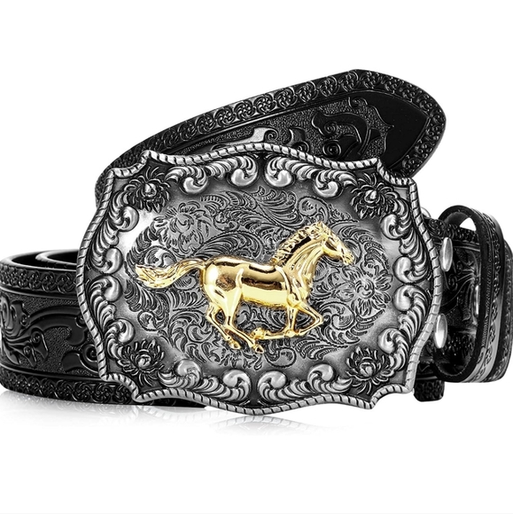 Western silver horse belt buckle with black belt - Picture 1 of 4